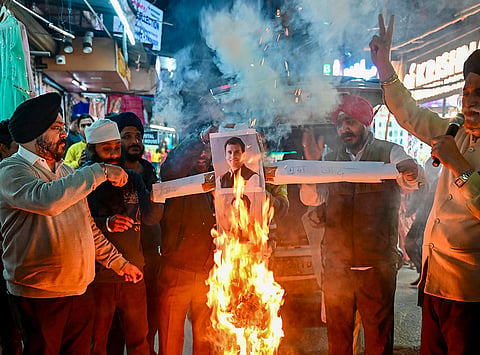 Members of the Sikh community stage a demonstration against LoP in the Lok Sabha and Congress leader Rahul Gandhi for allegedly calling Union Minister of State Ravneet Singh Bittu a 'traitor' in the Parliament House Complex, in Kanpur.