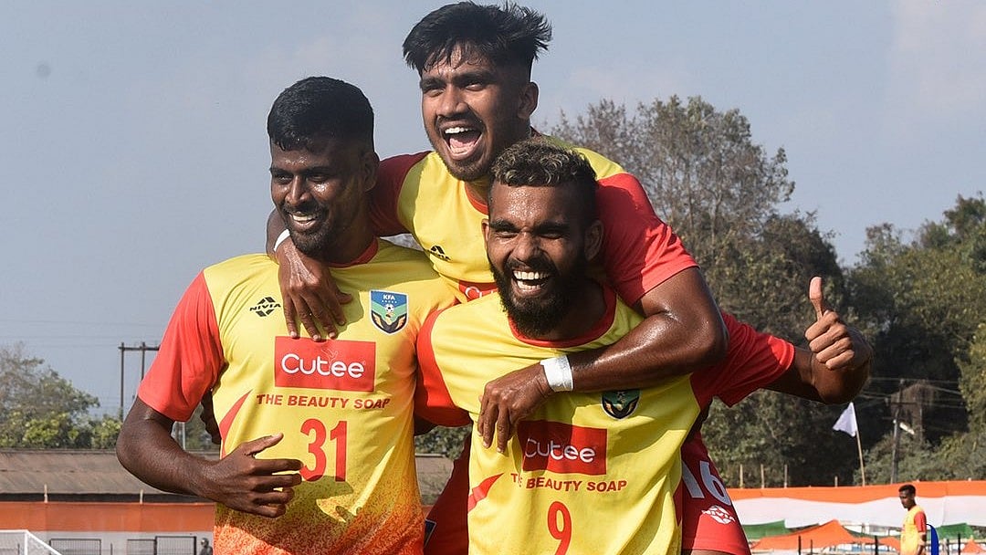 | Photo: X/IndianFootball : Kerala football players celebrate after beating Assam in the Santosh Trophy 2026 quarter-final.