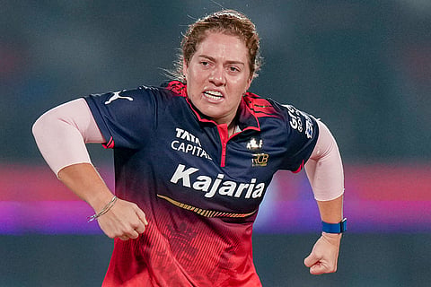 Royal Challengers Bengaluru's Nadine de Klerk celebrates after taking the wicket of Delhi Capitals' Lizelle Lee during the Women's Premier League (WPL) 2026 final T20 cricket match between Delhi Capitals and Royal Challengers Bengaluru, at Baroda Cricket Association Stadium, Kotambi in Vadodara, Gujarat.