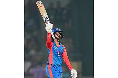 Delhi Capitals' captain Jemimah Rodrigues celebrates her half century during the Women's Premier League (WPL) 2026 final T20 cricket match between Delhi Capitals and Royal Challengers Bengaluru, at Baroda Cricket Association Stadium, Kotambi in Vadodara, Gujarat.