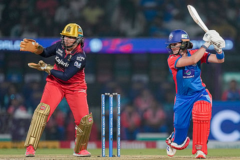 Delhi Capitals' Laura Wolvaardt plays a shot during the Women's Premier League (WPL) 2026 final T20 cricket match between Delhi Capitals and Royal Challengers Bengaluru, at Baroda Cricket Association Stadium, Kotambi in Vadodara, Gujarat.