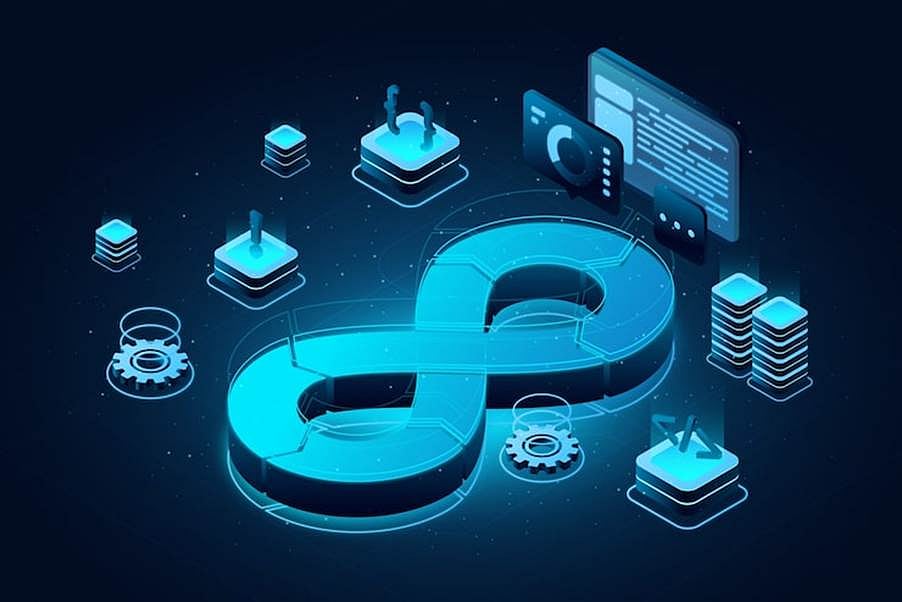 Glowing dollar symbol with digital finance icons on a futuristic blue technology background