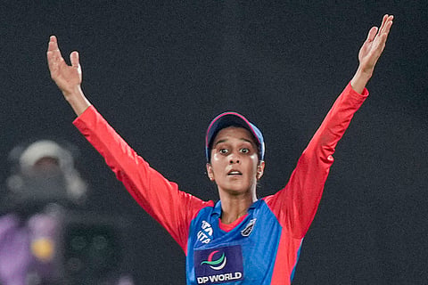 Delhi Capitals' captain Jemimah Rodrigues gestures during the Women's Premier League (WPL) 2026 final T20 cricket match between Delhi Capitals and Royal Challengers Bengaluru, at Baroda Cricket Association Stadium, Kotambi in Vadodara, Gujarat.