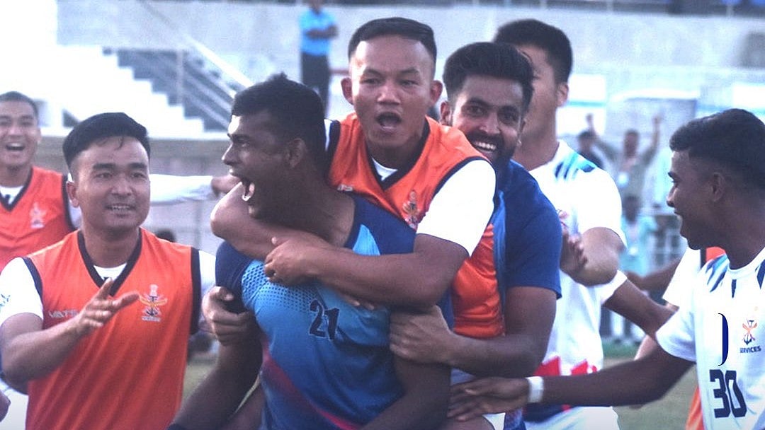 | Photo: x/IndianFootball : Services football team celebrates after defeating West Bengal in Santosh Trophy quarter-final.