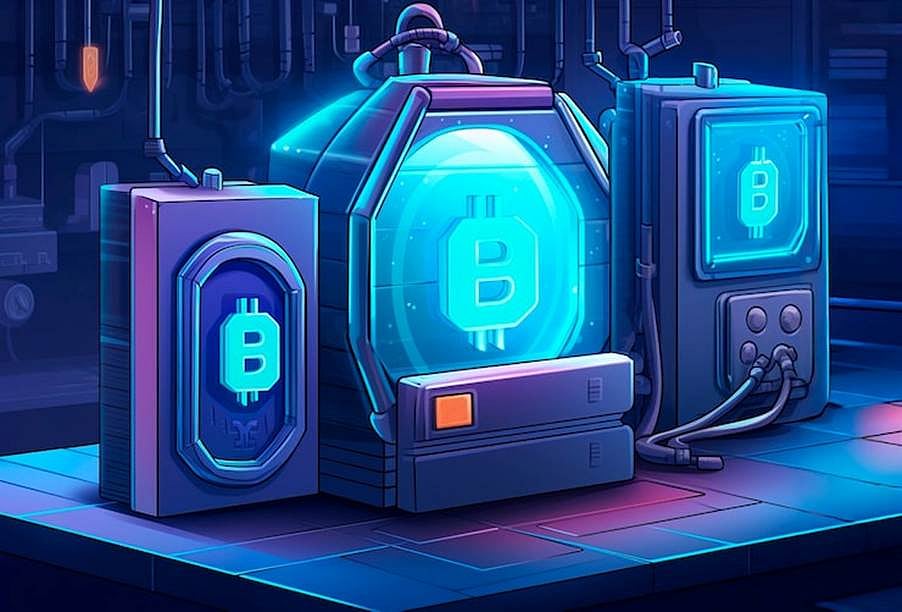 Digital illustration of glowing blue servers and machines featuring the Bitcoin symbol.