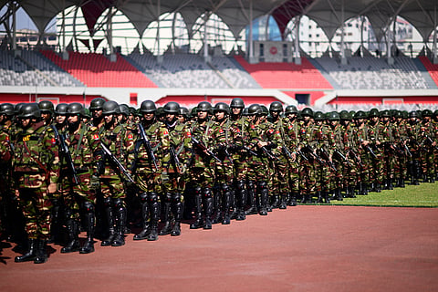 Bangladesh army personnel assemble at the National Stadium in Gulistan to be briefed by senior officers on the security preparations for the upcoming national election, in Dhaka, Bangladesh.