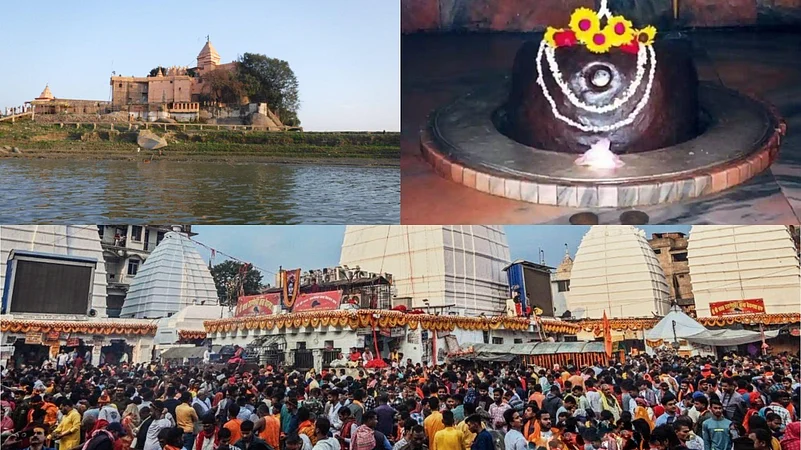 Collage of a riverfront temple, a decorated Shiva Lingam, and a crowded temple courtyard.