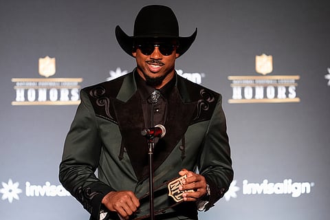 Cleveland Browns' Myles Garrett speaks after winning AP Defensive Player of the Year during football's NFL Honors award show in San Francisco.