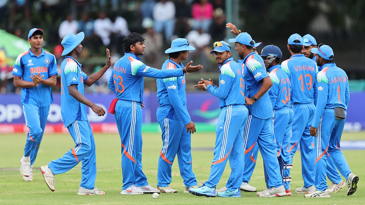 X/BCCI : India celebrate an England wicket during the ICC Under-19 World Cup 2026 final in Harare.