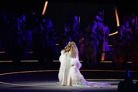 Singer Mariah Carey performs during the Olympic opening ceremony at the 2026 Winter Olympics, in Milan, Italy, Friday, Feb. 6, 2026. 