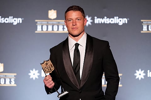 San Francisco 49ers' Christian McCaffrey smiles after winning the Salute to Service award during football's NFL Honors award show in San Francisco.