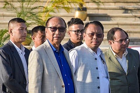 Manipur Assembly Speaker Thokchom Satyabrata Singh, front right, Chief Minister Yumnam Khemchand Singh, front left, and others during a session of the state’s 12th Legislative Assembly, in Imphal.