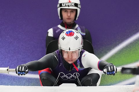 South Korea's Jung Hyesun starts for a women's Luge training session at the 2026 Winter Olympics, in Cortina d'Ampezzo, Italy.