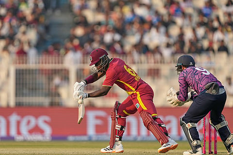 West Indies' Sherfane Rutherford plays a shot during the T20 World Cup cricket match between Scotland and West Indies in Kolkata.