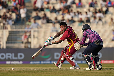 West Indies' Shimron Hetmyer plays a shot during the T20 World Cup cricket match between Scotland and West Indies in Kolkata.
