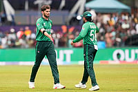 | Photo: AP/Eranga Jayawardena : Pakistan's Shaheen Shah Afridi, left. celebrates with teammate Babar Azam the wicket of Netherlands' Roelof van der Merwe during the T20 World Cup cricket match between Netherlands and Pakistan in Colombo, Sri Lanka.