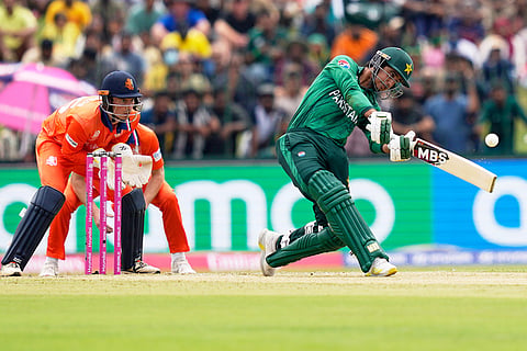 Pakistan's Saim Ayub plays a shot during the T20 World Cup cricket match between Netherlands and Pakistan in Colombo, Sri Lanka.