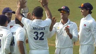 BCCIDomestic/X : Mumbai cricketers celebrating a wicket against Karnataka. 