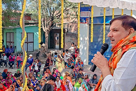 AAP Rajya Sabha MP Sanjay Singh holds a public meeting in the rural areas to protest against the Central and Uttar Pradesh governments' farmer policies, Chandauli district, Uttar Pradesh.