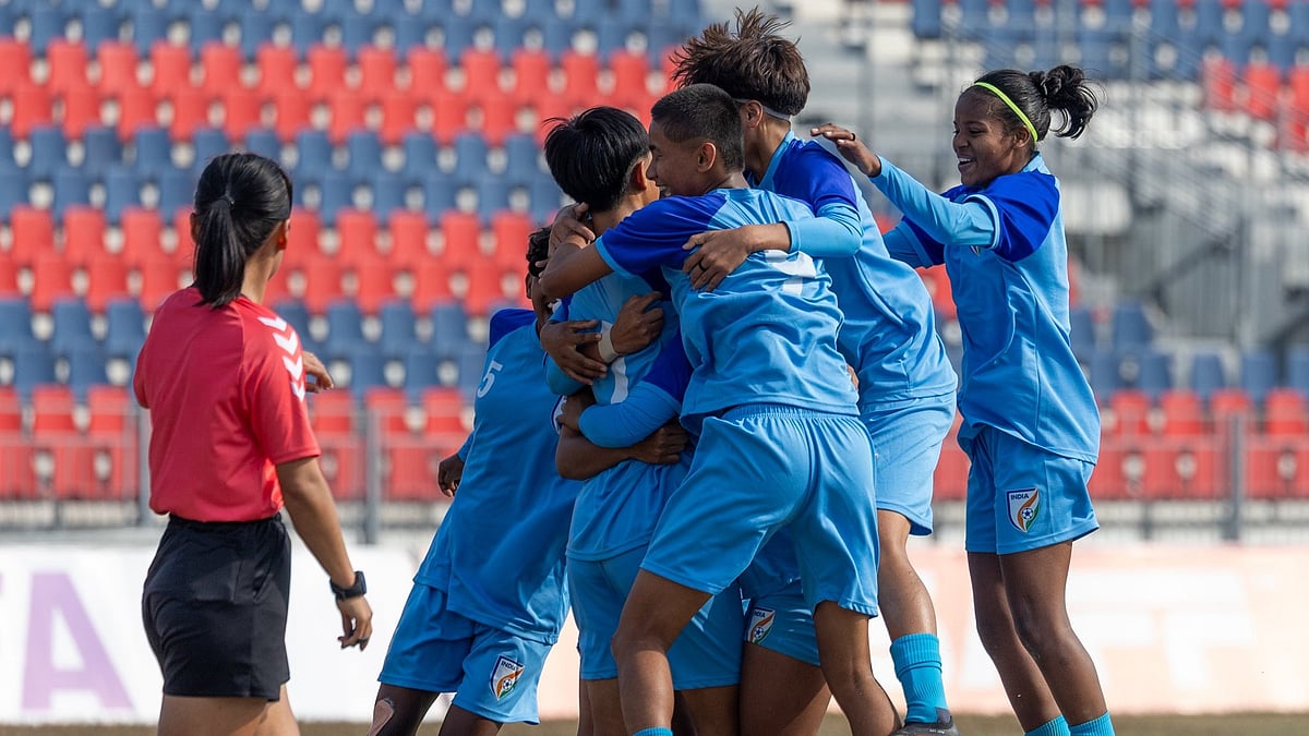 | Photo: X/IndianFootball : India U17 players celebrate Julan Nongmaithem's goal during the SAFF U19 Women's Championship 2026 final against Bangladesh U19 on February 7, 2026.