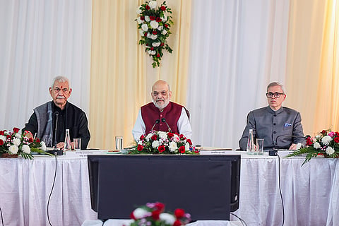 Union Home Minister Amit Shah with Jammu and Kashmir LG Manoj Sinha and Chief Minister Omar Abdullah during a review meeting on development works, in Jammu and Kashmir. 