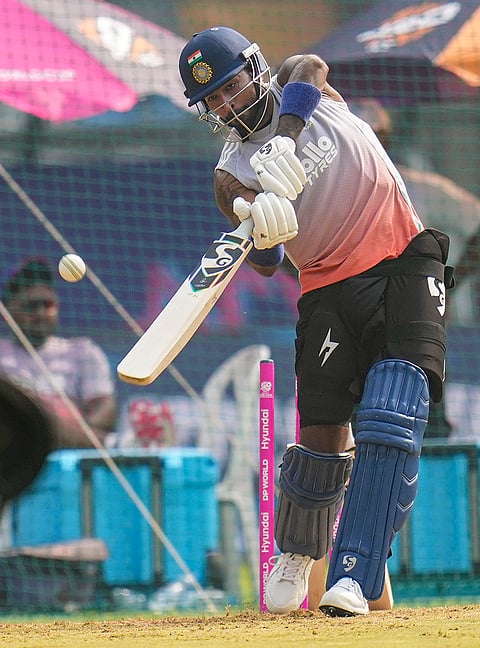 India's Hardik Pandya bats during a training session ahead of the ICC Men's T20 World Cup 2026 cricket match against USA, in Mumbai.