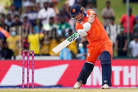 Netherlands' Michael Levitt plays a shot during the T20 World Cup cricket match between Netherlands and Pakistan in Colombo, Sri Lanka.