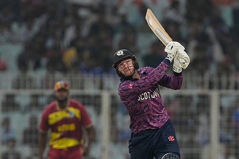 Scotland's captain Richie Berrington hits a six during the T20 World Cup cricket match between Scotland and West Indies in Kolkata.