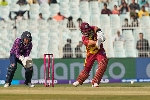 West Indies' Brandon King plays a shot during the T20 World Cup cricket match between Scotland and West Indies in Kolkata.