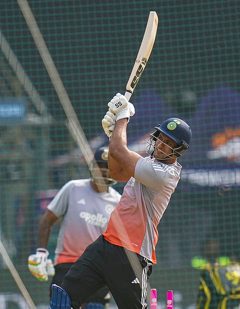 India's Shivam Dube bats during a training session ahead of the ICC Men's T20 World Cup 2026 cricket match against USA, in Mumbai.