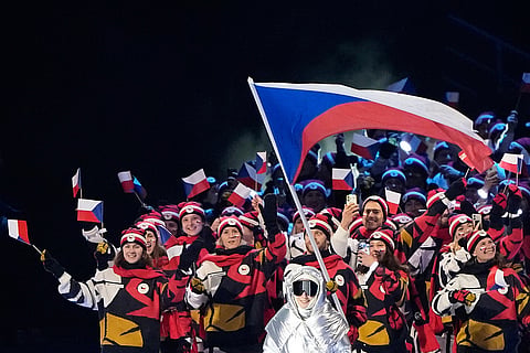 David Pastrnak, flag bearer of Czechia, walks with Czechia athletes during the Olympic opening ceremony at the 2026 Winter Olympics, in Milan, Italy.