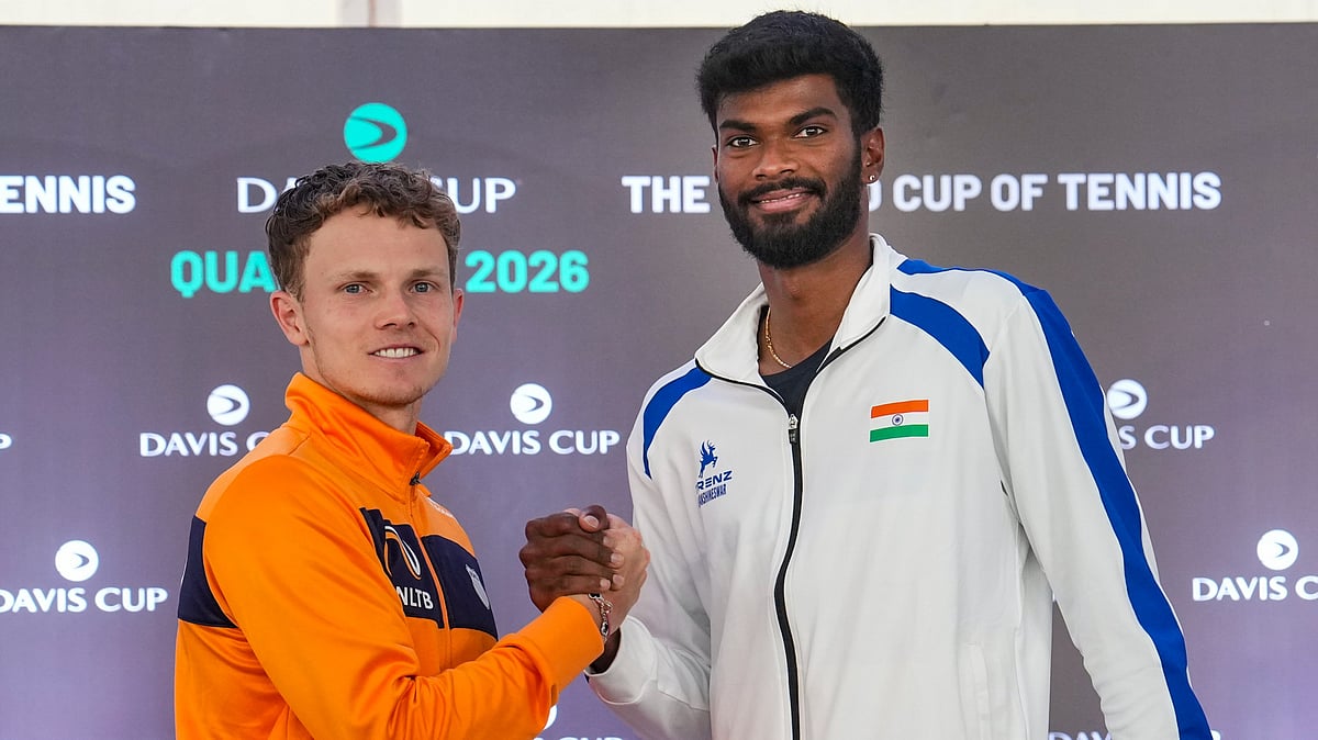 Photo: PTI : Dhakshineswar Suresh and Jesper de Jong pose for a photo ahead of the India vs Netherlands, Davis Cup 2026 Qualifiers round 1 tie in Bengaluru.