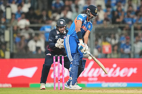 India's Axar Patel plays a shot during the T20 World Cup cricket match between India and the United States in Mumbai.