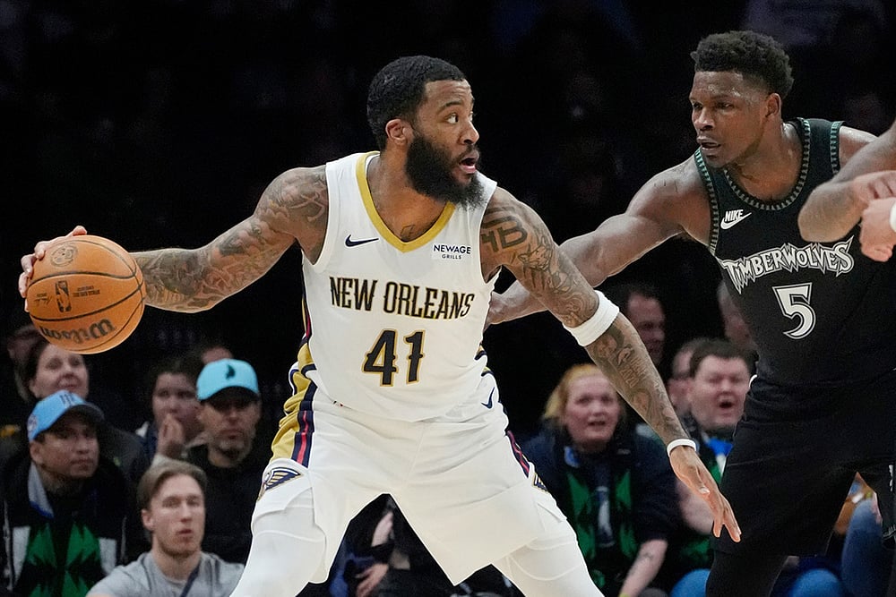 | Photo: AP/Bruce Kluckhohn : New Orleans Pelicans forward Saddiq Bey (41) works around Minnesota Timberwolves guard Anthony Edwards (5) in the first quarter of an NBA basketball game in Minneapolis. 