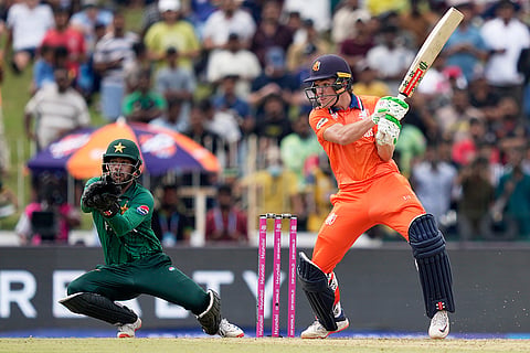 Netherlands' Bas de Leede plays a shot during the T20 World Cup cricket match between Netherlands and Pakistan in Colombo, Sri Lanka.