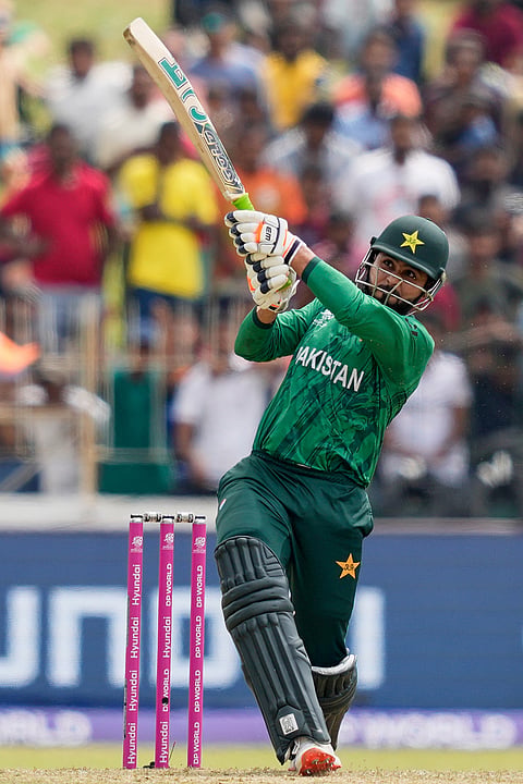 Pakistan's Faheem Ashraf plays a shot during the T20 World Cup cricket match between Netherlands and Pakistan in Colombo, Sri Lanka.