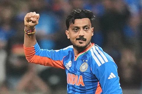 India's Axar Patel celebrates the wicket of United States' Sanjay Krishnamurthi during the T20 World Cup cricket match between India and the United States in Mumbai.