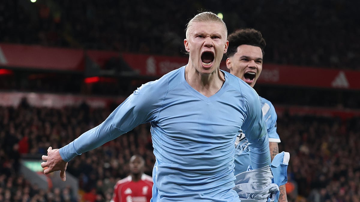 Manchester City's Erling Haaland celebrates his goal against Liverpool