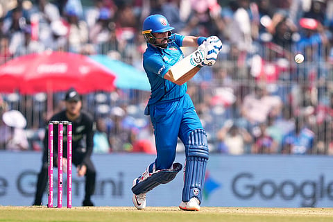 Afghanistan's Ibrahim Zardan bats during the T20 World Cup cricket match between Afghanistan and New Zealand in Chennai, India.