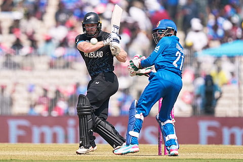 New Zealand's Glenn Phillips plays a shot during the T20 World Cup cricket match between Afghanistan and New Zealand in Chennai, India.
