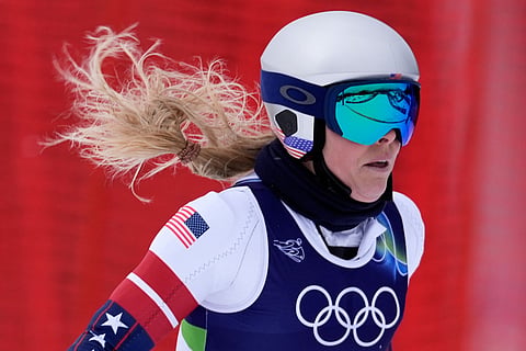 United States' Lindsey Vonn in action during alpine ski women's downhill training, at the 2026 Winter Olympics, in Cortina d'Ampezzo, Italy.