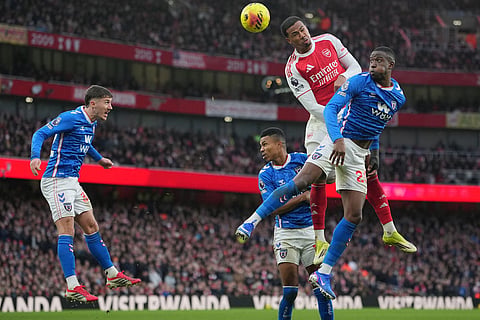 Arsenal's Gabriel, left, and Sunderland's Nordi Mukiele during the English Premier League soccer match between Arsenal and Sunderland in London, England.