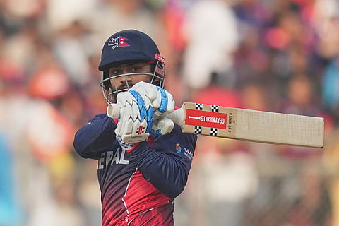 Nepal's Kushal Bhurtel plays a shot during the T20 World Cup cricket match between England and Nepal in Mumbai, India.