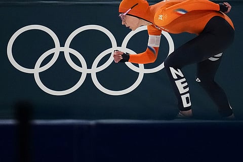 Joy Beune of the Netherlands competes to take a fourth place in the women's 3,000 meters speedskating race at the 2026 Winter Olympics, in Milan, Italy.