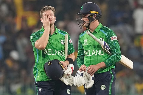 Ireland's Matthew Humphreys and Barry McCarthy after loosing the match during the T20 World Cup cricket match between Sri Lanka and Ireland in Colombo, Sri Lanka.