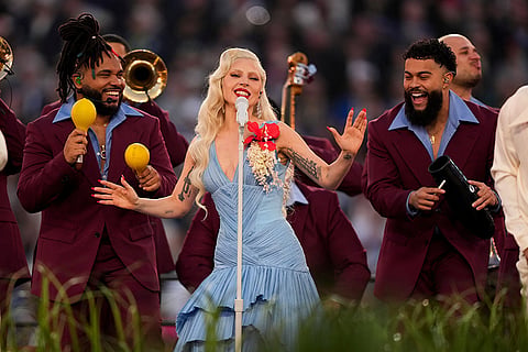 Lady Gaga performs during halftime of the NFL Super Bowl 60 football game between the New England Patriots and the Seattle Seahawks in Santa Clara, California.