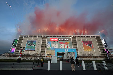 An exterior, general view of fireworks during the Bad Bunny halftime show at the NFL Super Bowl 60 game in Santa Clara, California.
