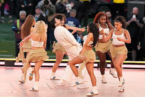Bad Bunny performs during halftime of the NFL Super Bowl 60 football game between the Seattle Seahawks and the New England Patriots  in Santa Clara, California.