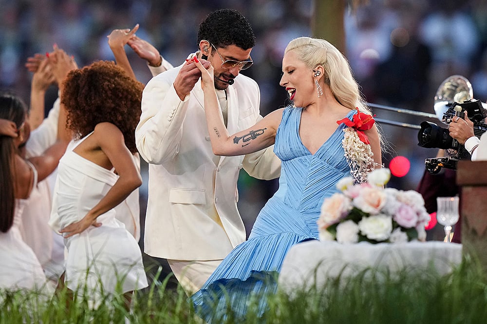 | Photo: AP/Lynne Sladky : Bad Bunny and Lady Gaga perform during halftime of the NFL Super Bowl 60 football game between the New England Patriots and the Seattle Seahawks in Santa Clara, California.