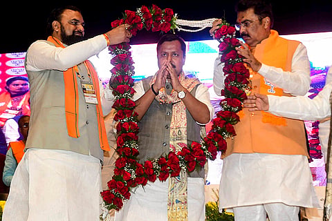 BJP National President Nitin Nabin is felicitated by Bihar Deputy Chief Minister Samrat Choudhary and other party leaders during a function at Bapu Sabhagar, in Patna.